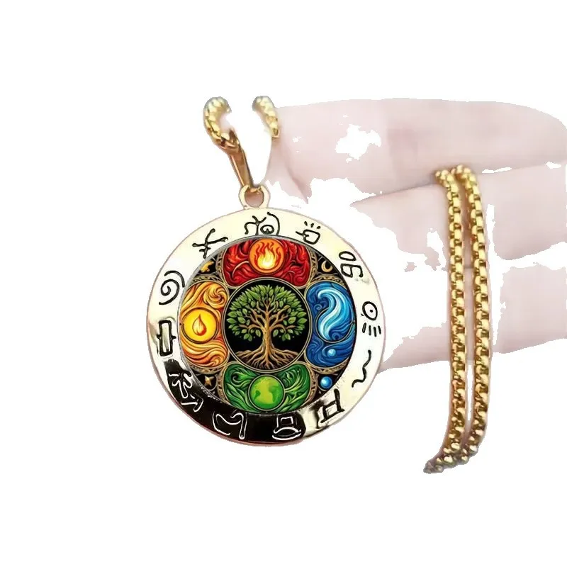 Five Elements Tree of Life Rune Pendant Necklace – Four Elements Energy Totem, Spiritual Symbol Jewelry, Unisex Gift for Men & Women